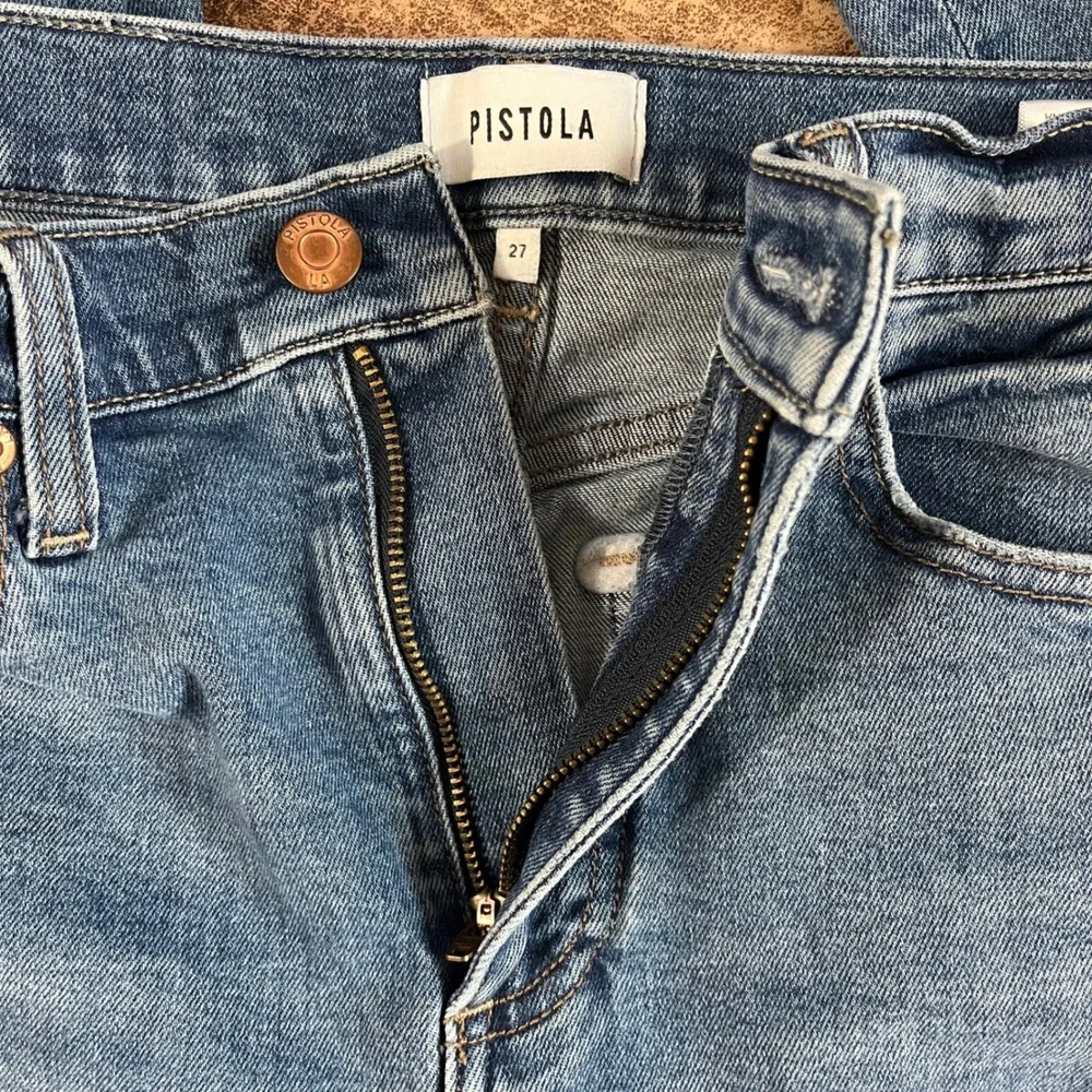 Pistola High Rise Straight Leg Jeans Womens 27 Medium Wash Blue Raw Hem Distress